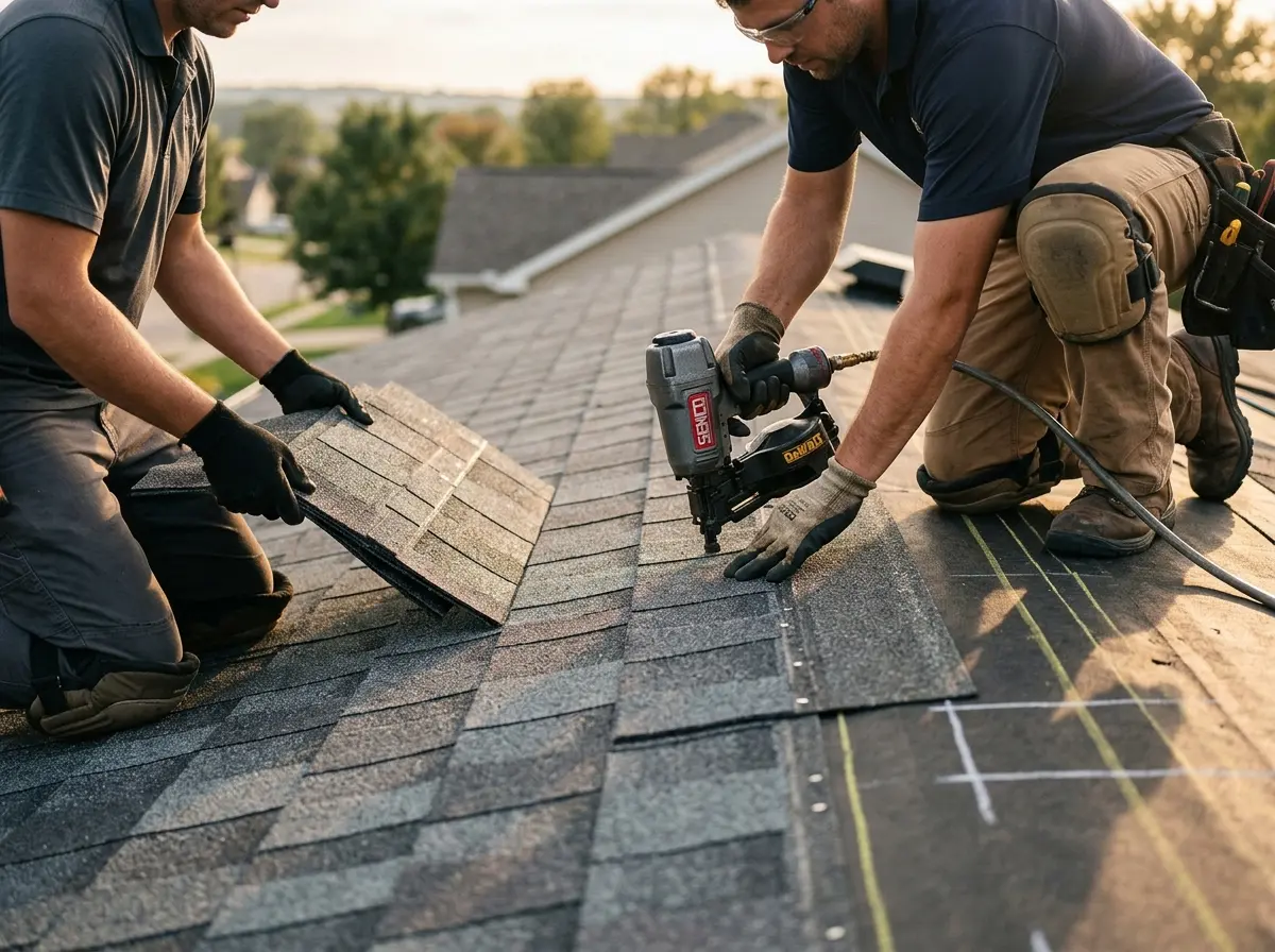 Professional roofer working on a residential roof in Crossville